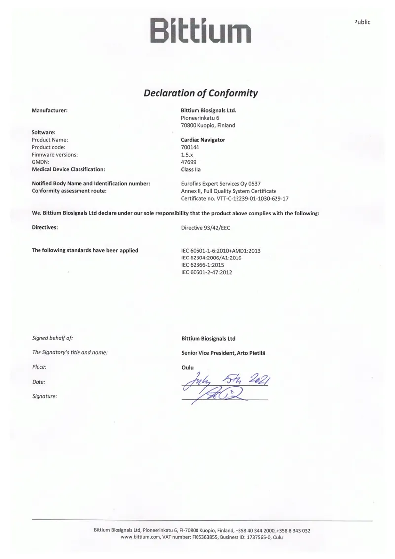 Declaration of Conformity (Cardiac Navigator)